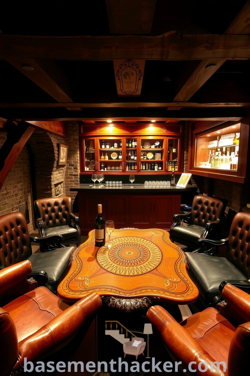Warm and inviting whiskey lounge featuring rich wooden beams, dark stone walls, plush leather armchairs, and a handcrafted bar, designed for ultimate entertaining and innovative basement makeover ideas, presented on basementhacker.com.
