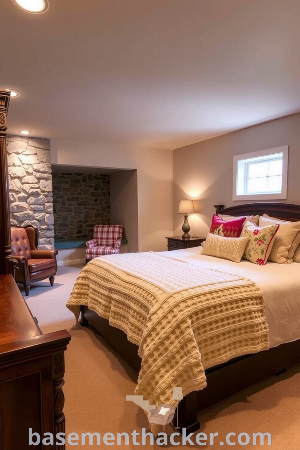 Spacious master basement bedroom with beige walls, rich wooden furniture, a king-size bed with colorful pillows, and a cozy reading nook, showcasing innovative ideas for designing a stylish and functional home on basementhacker.com.