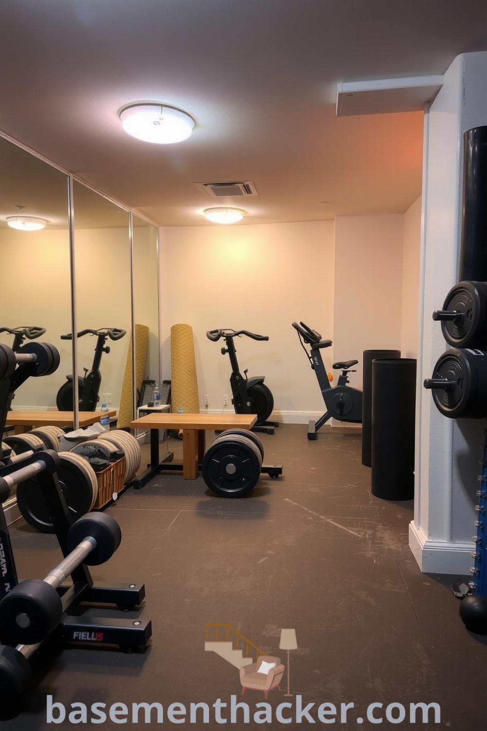Well-equipped basement gym with worn rubber flooring, a mirrored wall, dumbbells, a stationary bike, and rolled exercise mats, offering innovative ideas for a stylish and functional home design showcased on basementhacker.com.