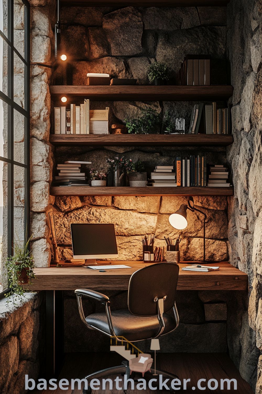 Cozy home office in a basement with a wooden desk, ergonomic chair, stone wall, plants, and warm lighting, showcasing innovative ideas for designing a stylish and functional home on basementhacker.com.