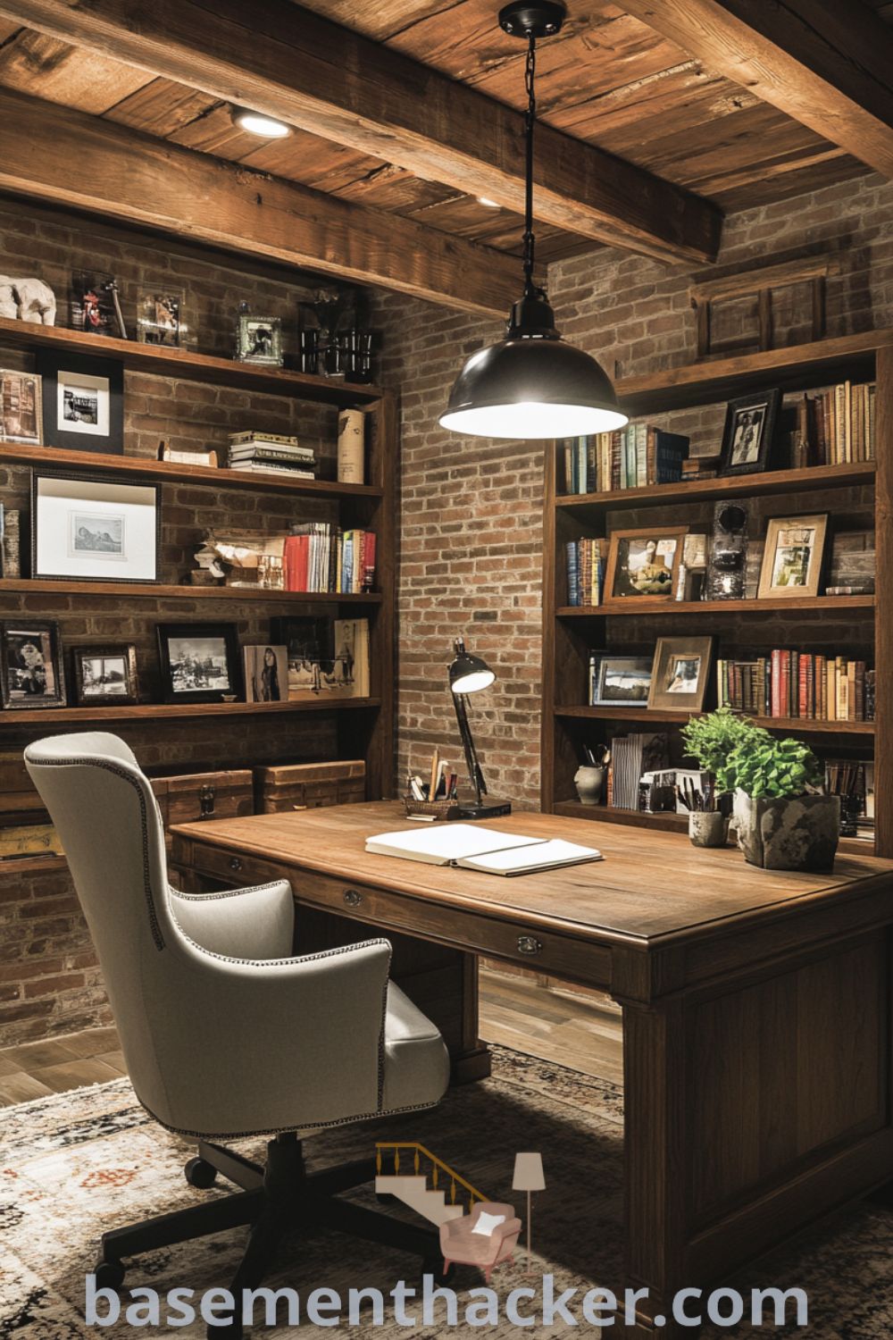 Stylish basement office featuring exposed brick, wooden beams, a sturdy oak desk, industrial pendant lights, and personal mementos for a cozy and organized home workspace, showcased on basementhacker.com.