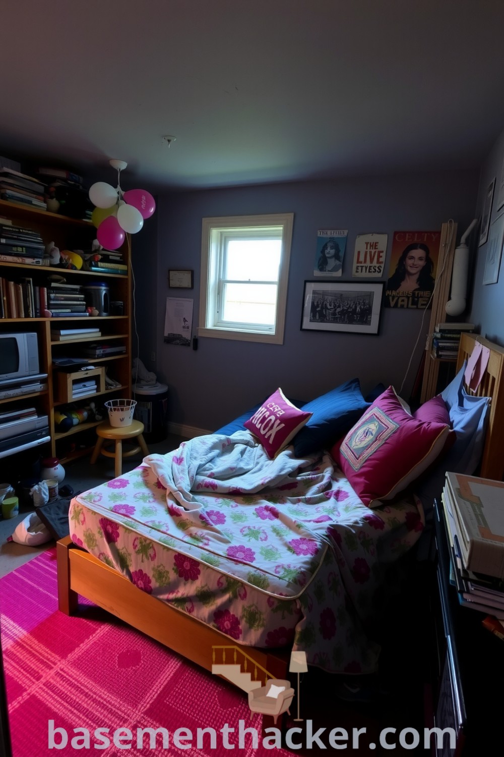 Cozy basement bedroom featuring soft light from a small window, vintage posters, a vibrantly patterned bedspread, and a bright woven rug, showcasing innovative ideas for designing a stylish and functional home at basementhacker.com.