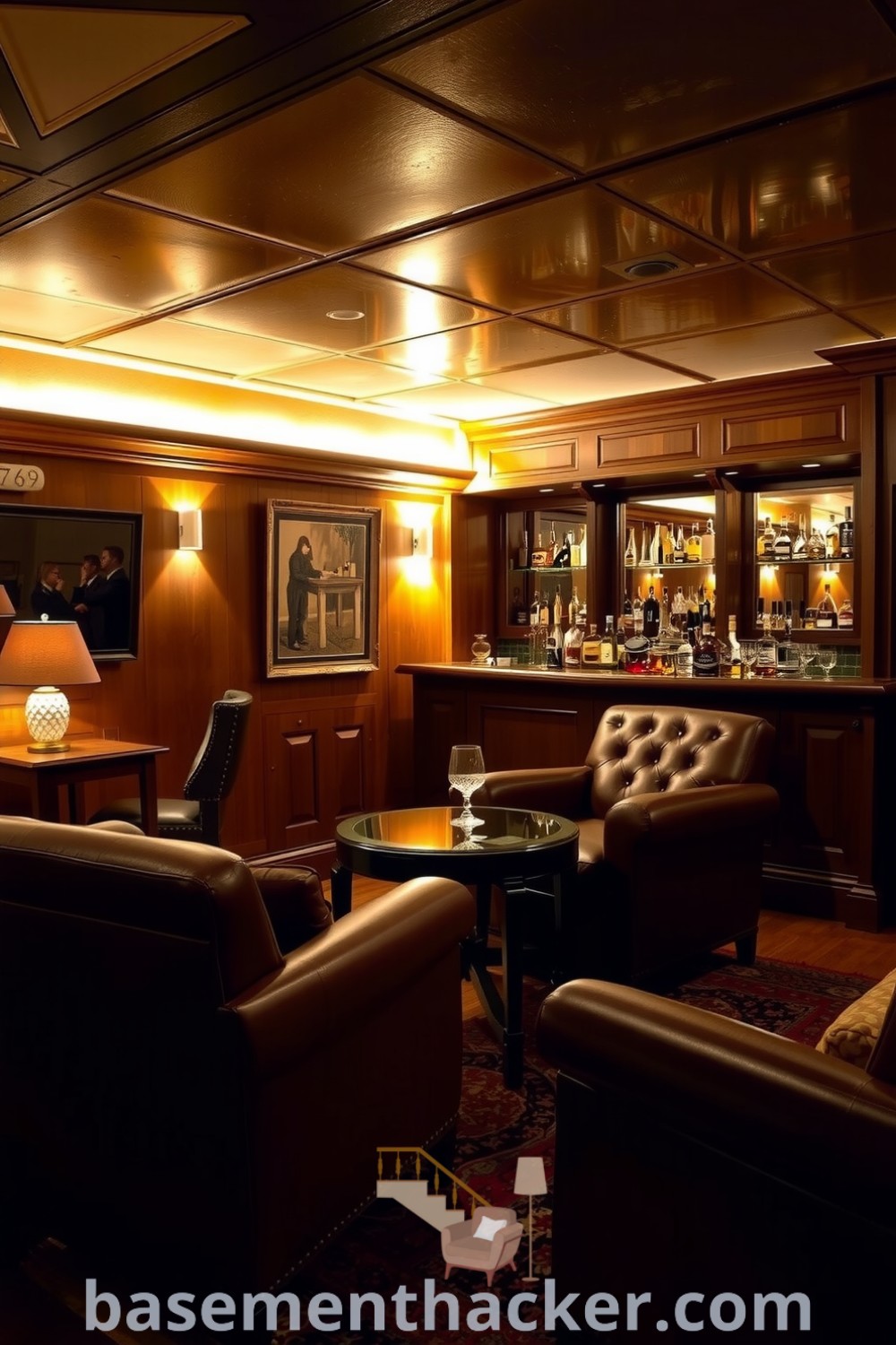 Elegant whiskey lounge featuring warm wood paneling, plush leather armchairs, a polished mahogany bar, and rustic stone walls providing a cozy atmosphere for ultimate entertaining, showcased on basementhacker.com.
