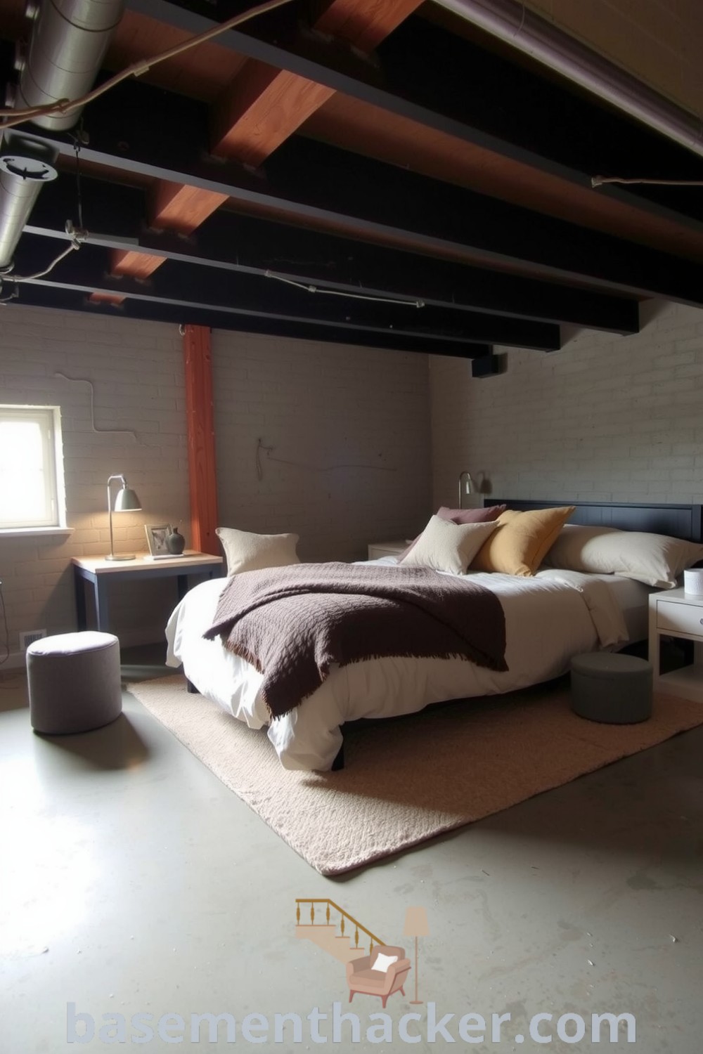 Inviting basement bedroom with a cozy bed, rustic exposed beams, and soft lighting, featuring earth tone decor for a stylish and functional home design, showcased on basementhacker.com.