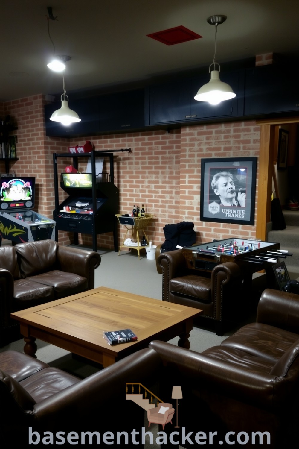 Charming basement game room with leather chairs, a wooden coffee table, vintage pinball machine, and foosball table, creating a cozy and inviting atmosphere for ultimate entertaining, showcased on basementhacker.com.