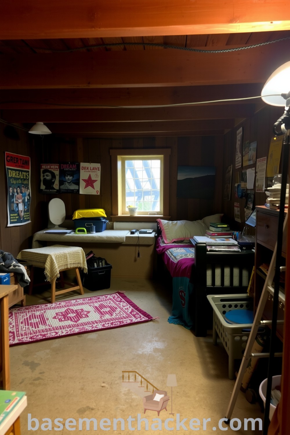 Cozy basement bedroom featuring a twin bed with mismatched blankets, posters on the walls, a handwoven rug, and a small cluttered desk by a window, perfect for creative pursuits and personal expression, showcased on basementhacker.com.