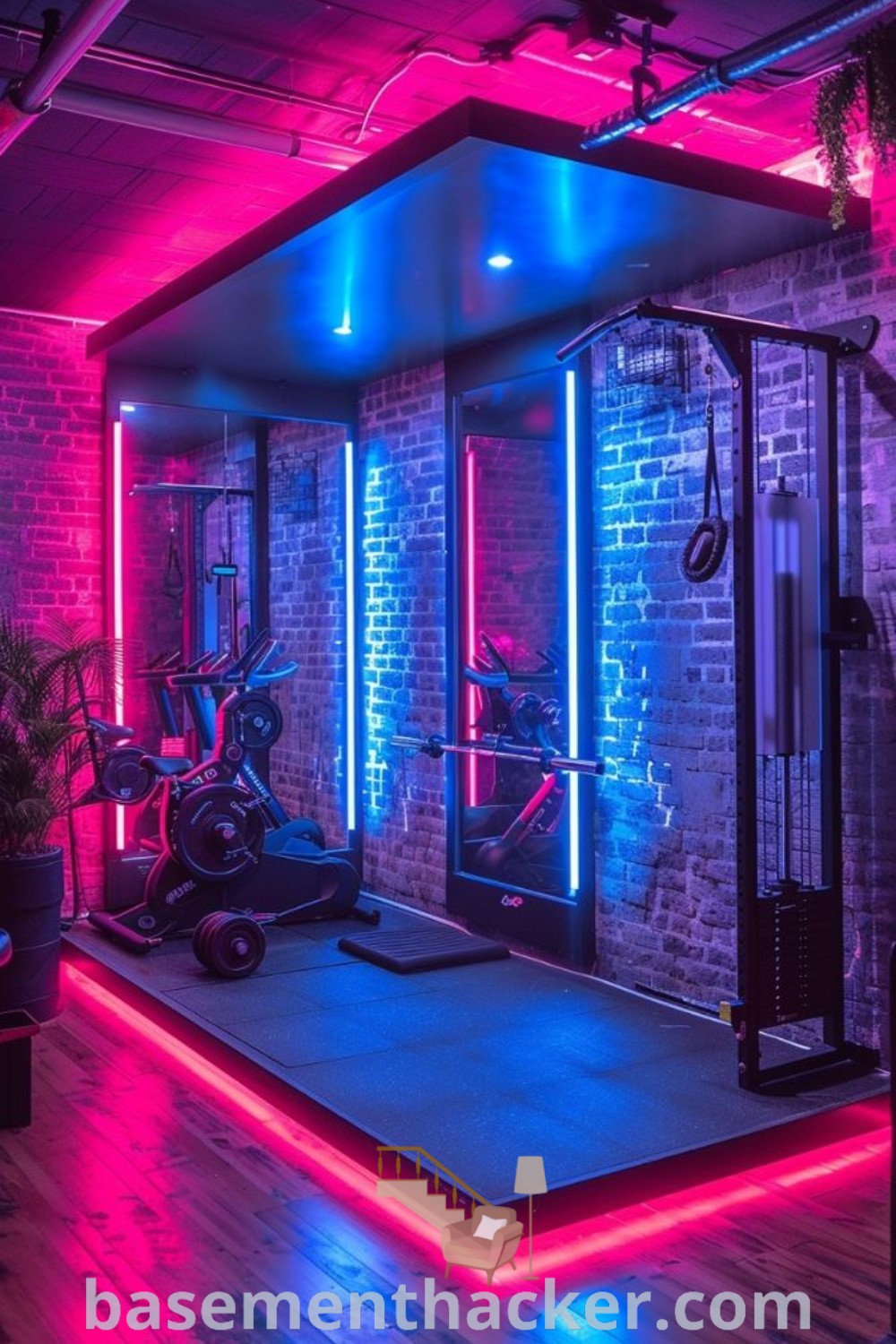 A modern indoor gym filled with exercise equipment and vibrant neon lights, showcasing innovative ideas for designing a stylish and functional home gym. Discover more awesome design insights at basementhacker.com.