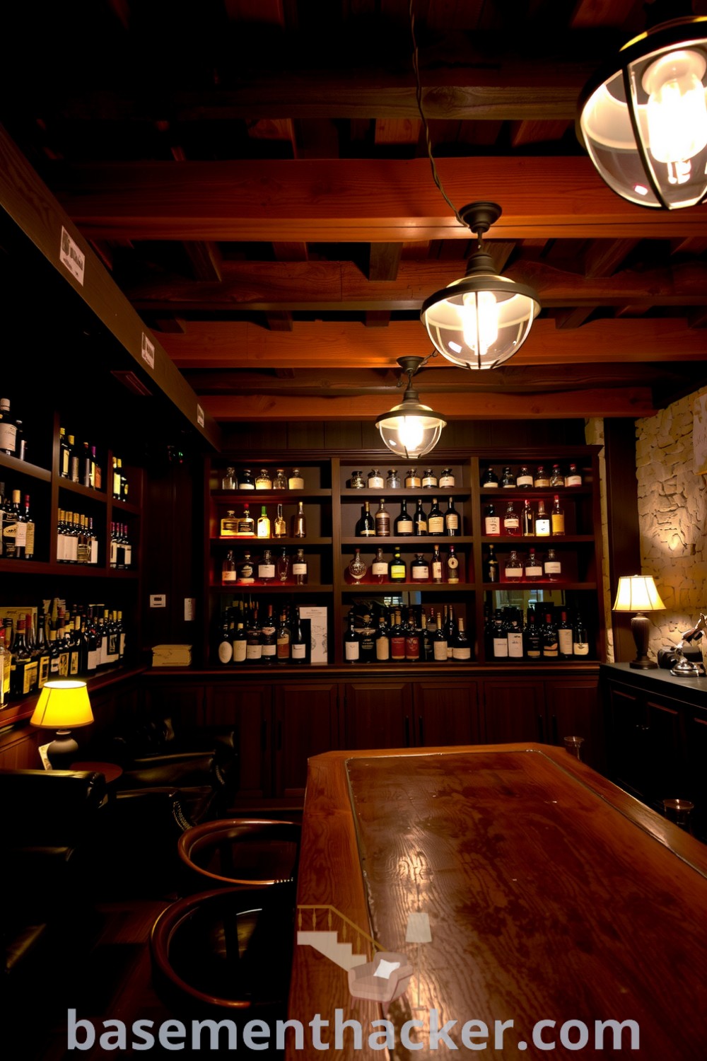 Dimly lit rustic basement whiskey lounge featuring exposed wooden beams, mahogany shelves, plush leather seating, and vintage lamps, ideal for ultimate entertaining and stylish home design showcased on basementhacker.com.