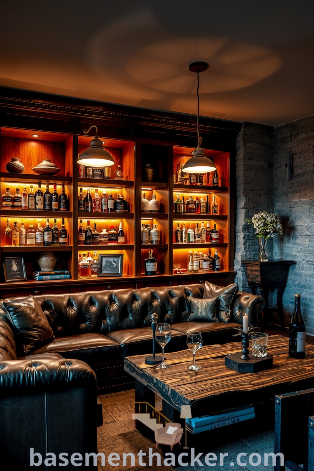 Luxury basement whiskey lounge featuring mahogany shelves with spirits, a leather sofa, and rustic decor, providing innovative ideas for designing a cozy space for ultimate entertaining at basementhacker.com.