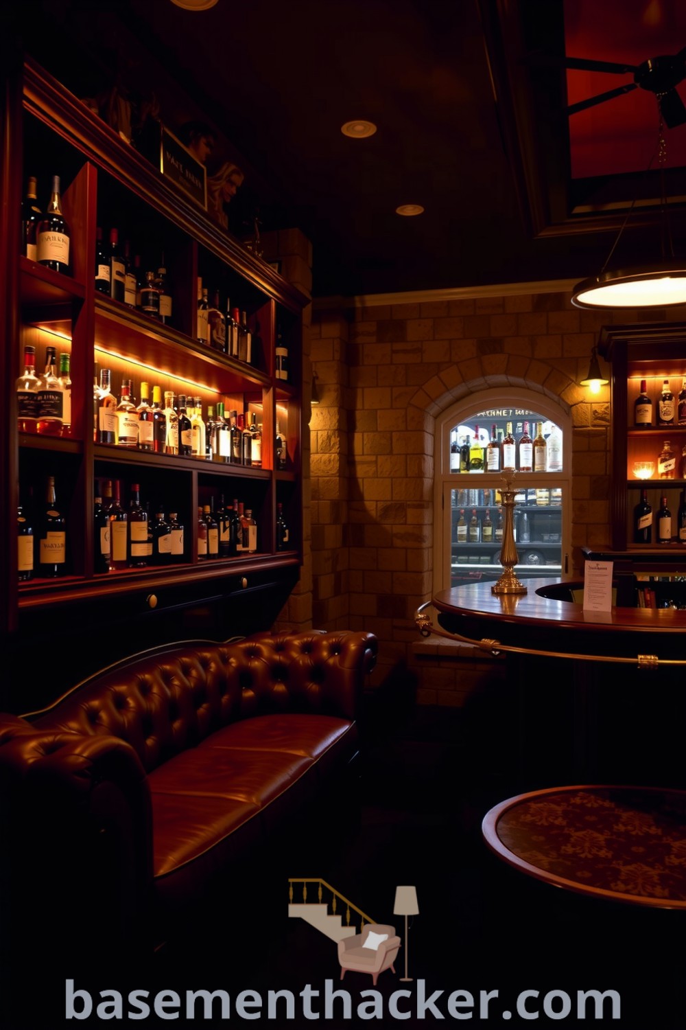 Cozy whiskey lounge with mahogany shelves, leather couch, and wooden bar, featuring warm lighting and an inviting atmosphere for ultimate entertaining, presented on basementhacker.com.