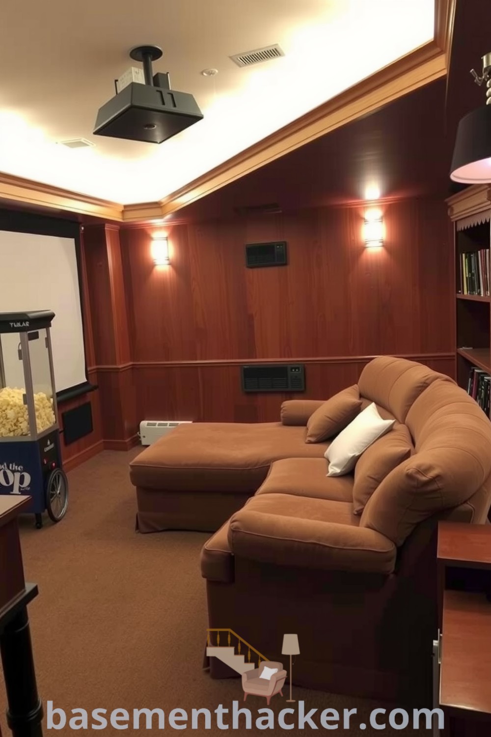 Basement home cinema with a plush sectional couch, warm wooden paneling, vintage popcorn machine, and cozy decor, featuring ideas for a stylish and functional home design, showcased on basementhacker.com.