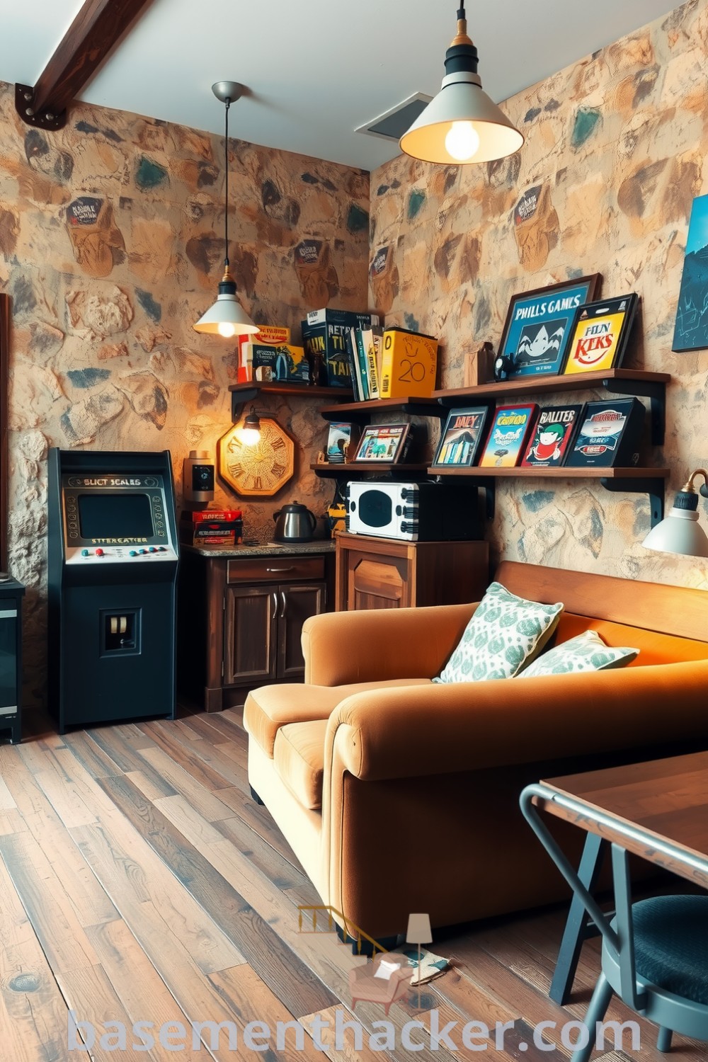 Charming vintage arcade machine against a stone wall, with a cozy couch, warm pendant lights, board games, and a kitchenette, showcasing innovative basement makeover ideas for a stylish and functional home design on basementhacker.com.