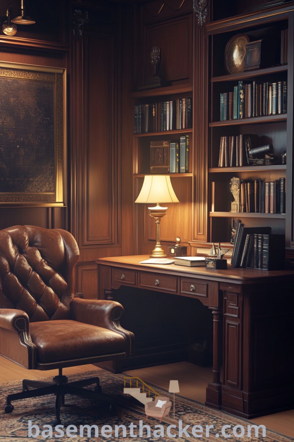 Classic basement office decorated with wooden paneling, an oak desk, vintage lamp, and leather chair, creating a cozy and productive environment, highlighted by stylish decor ideas for a functional space on basementhacker.com.