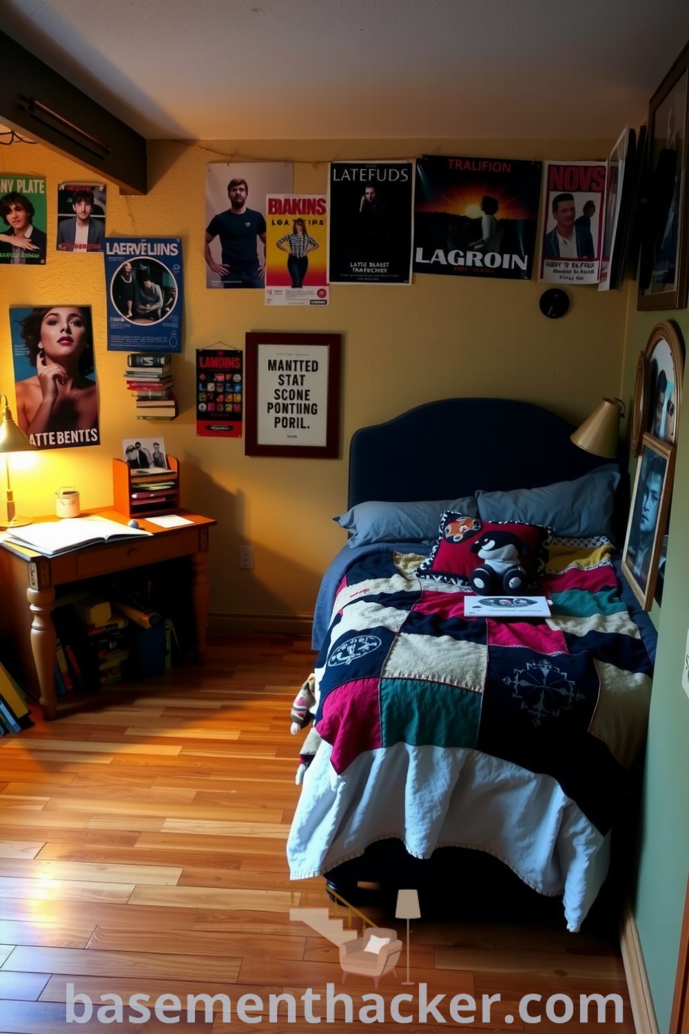 Inviting basement bedroom featuring band posters, colorful throw blankets, a cluttered desk with sketches, and warm lighting, perfect for innovative basement makeover ideas, showcased on basementhacker.com.