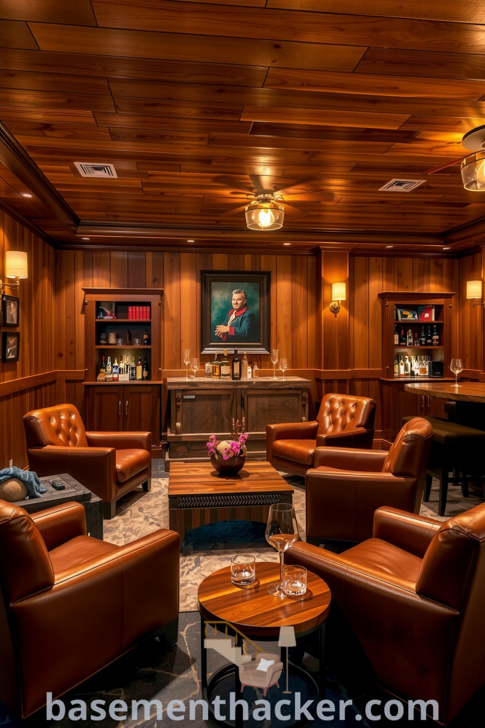 Inviting whiskey lounge in a basement with rich wood paneling, plush leather chairs, and a rustic bar, offering innovative ideas for designing a stylish and cozy bonus space, presented on basementhacker.com.