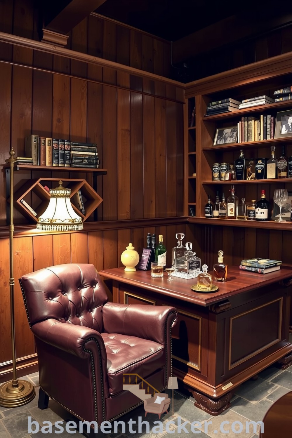 Elegant basement whiskey lounge with rich wooden paneling, plush leather armchair, and a handcrafted bar lined with crystal decanters for ultimate entertaining, showcased on basementhacker.com.