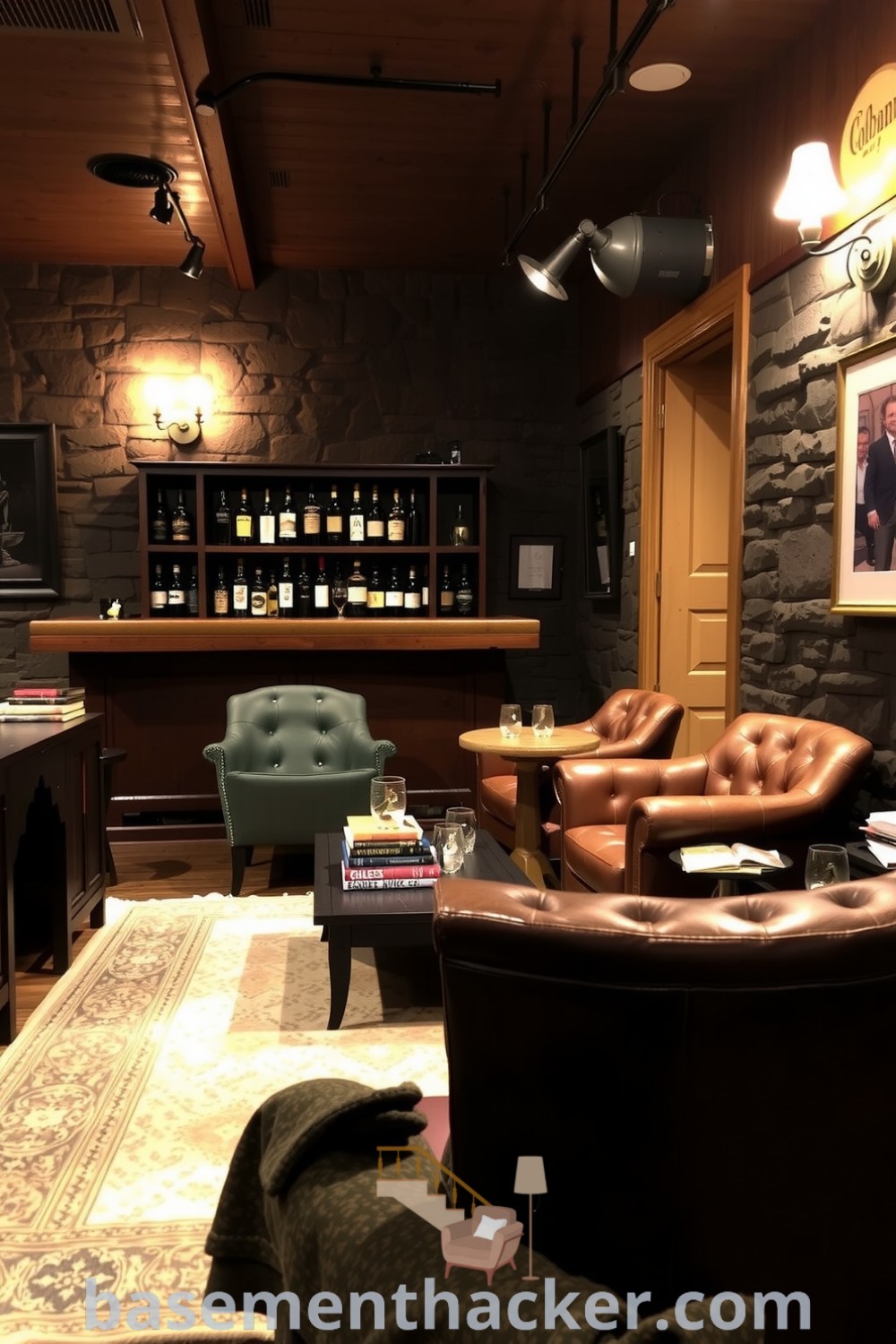 Basement whiskey lounge with a rustic wooden bar, amber bottles, weathered leather armchairs, warm lighting, and a cozy atmosphere, perfect for ultimate entertaining and stylish bonus room design ideas showcased on basementhacker.com.