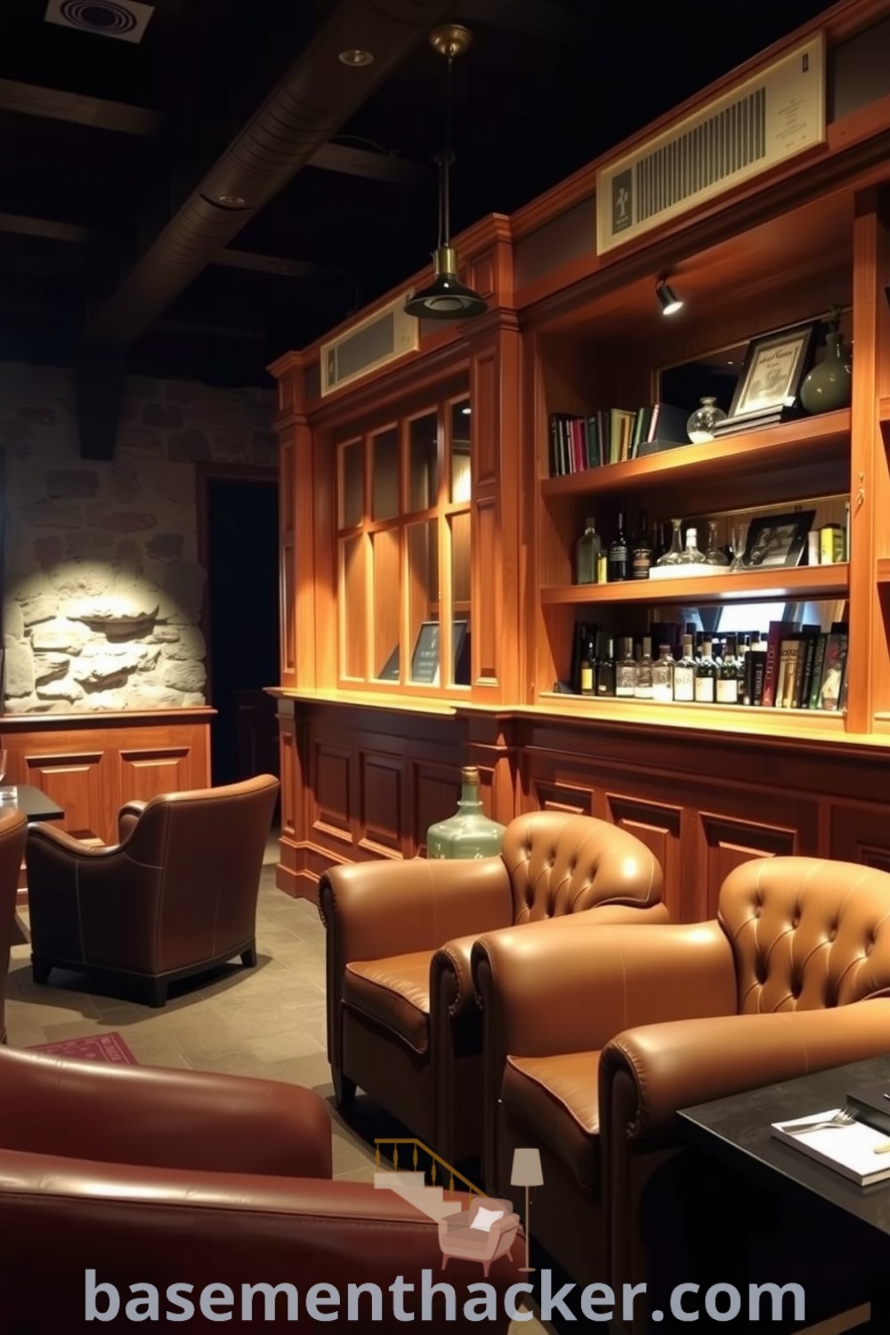 Cozy basement retreat featuring warm wood paneling, plush leather armchairs, a mahogany bar with crystal tumblers, and book-lined shelves, ideal for stylish bonus room design ideas for families, showcased on basementhacker.com.
