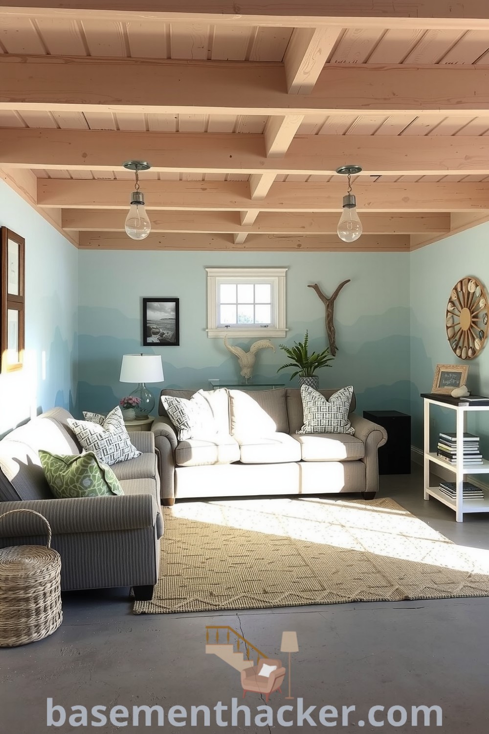 Tranquil coastal-style basement living room featuring light wooden beams, aqua walls, a cozy weathered couch, and sea-inspired decor like driftwood art and seashell accents, presented on basementhacker.com.