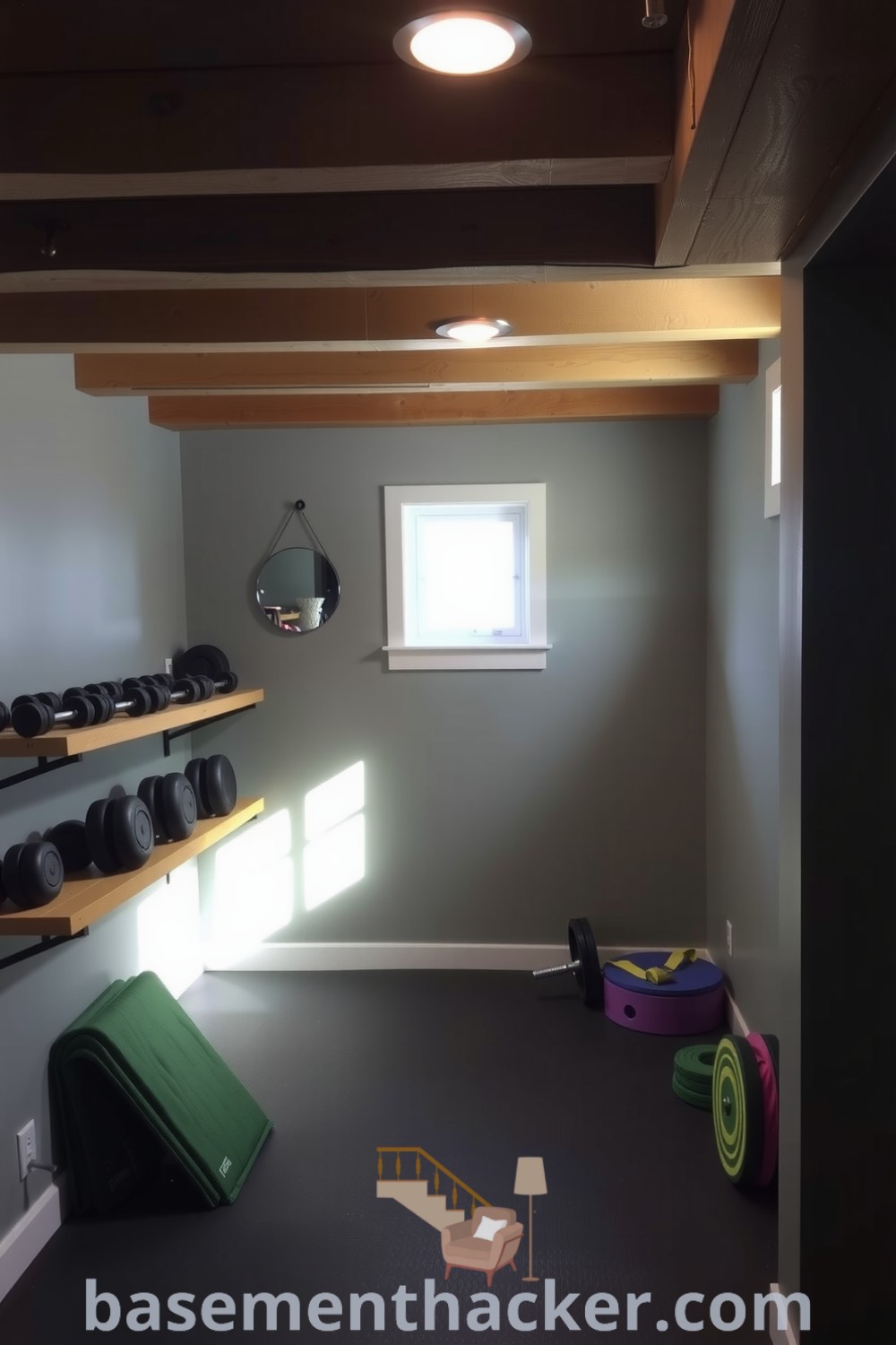 Cozy and inviting basement gym room with calming gray walls, rustic beams, and rubber flooring, showcasing weights and exercise mats, ideal for a stylish and functional home design, featured on basementhacker.com.