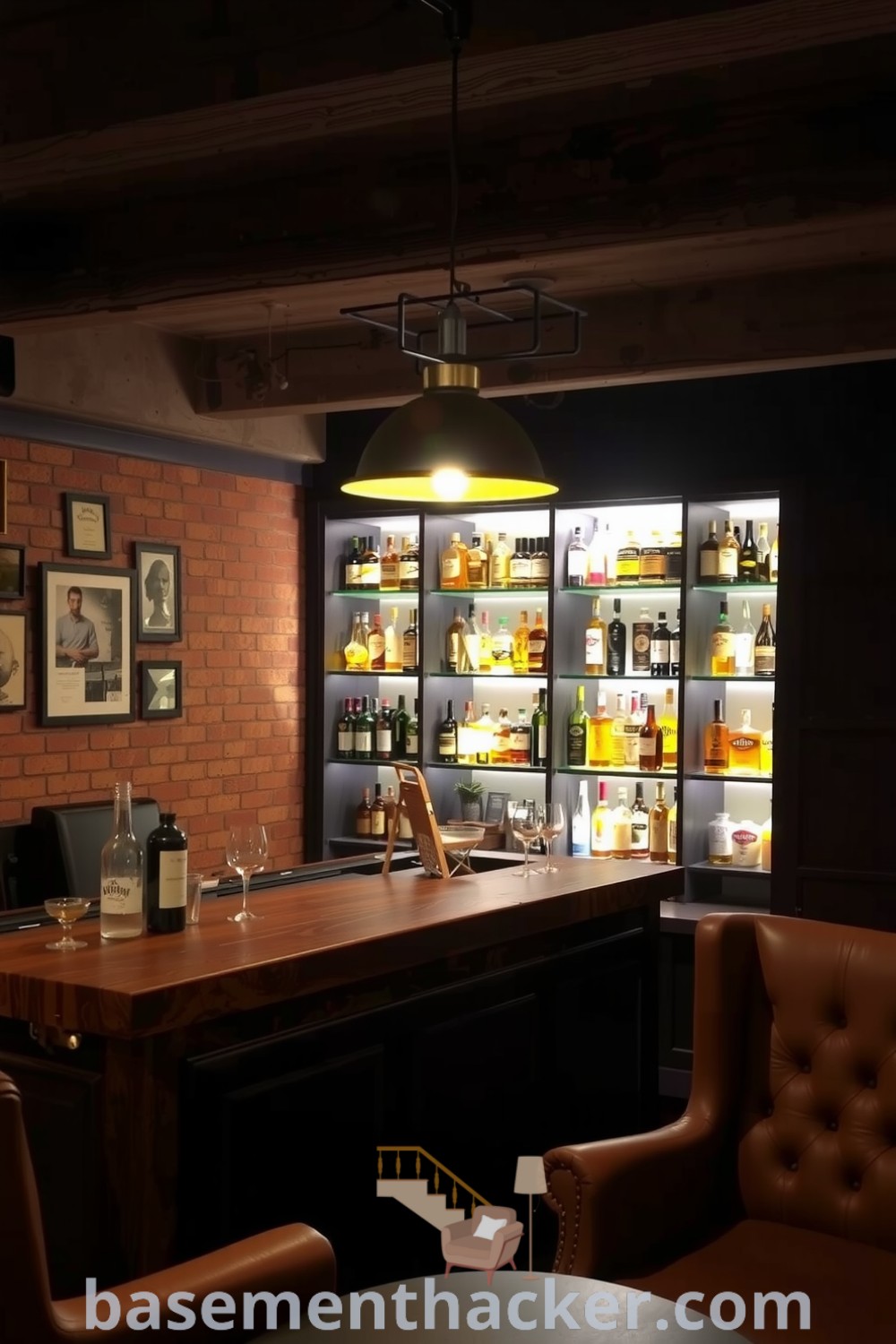 Intimate whiskey lounge in a basement with a wooden counter, exposed brick walls, plush leather armchairs, and ambient lighting, ideal for ultimate entertaining, featured on basementhacker.com.
