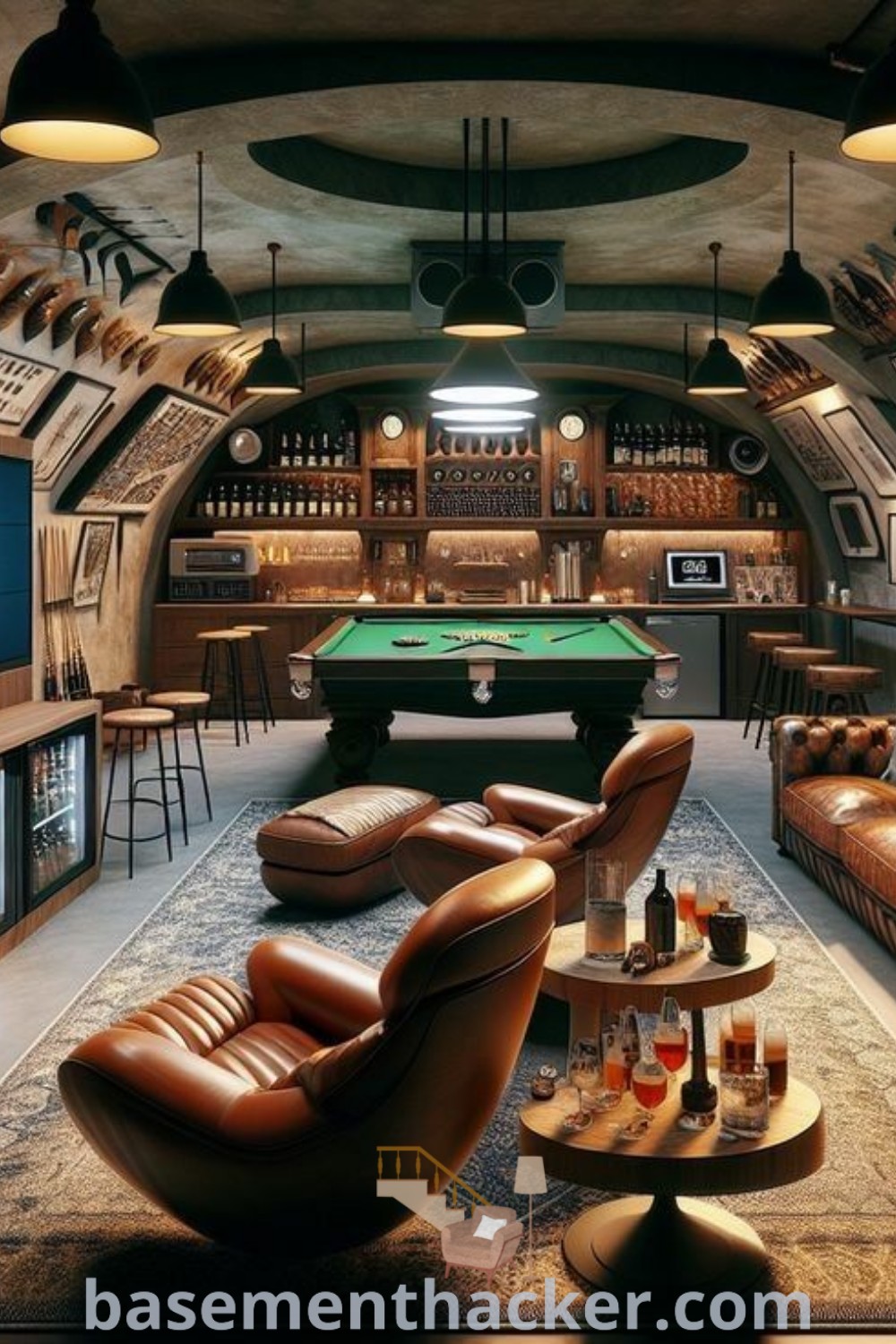 A stylish living room showcasing a luxurious man cave with elegant furniture and a pool table, perfect for ultimate entertaining. This space reflects innovative design ideas for basement makeovers and stylish bonus rooms, ideal for families. Discover more inspiring concepts at basementhacker.com.
