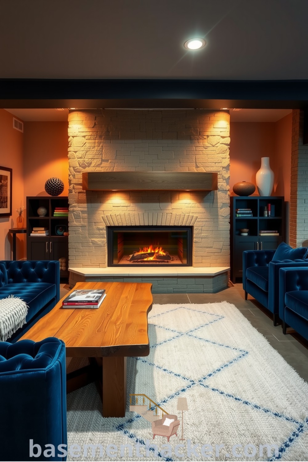 Elegant basement space with a plush blue velvet sofa, rustic reclaimed wood coffee table, warm lighting, and soft area rugs, ideal for cozy gatherings or relaxation, featured on basementhacker.com.