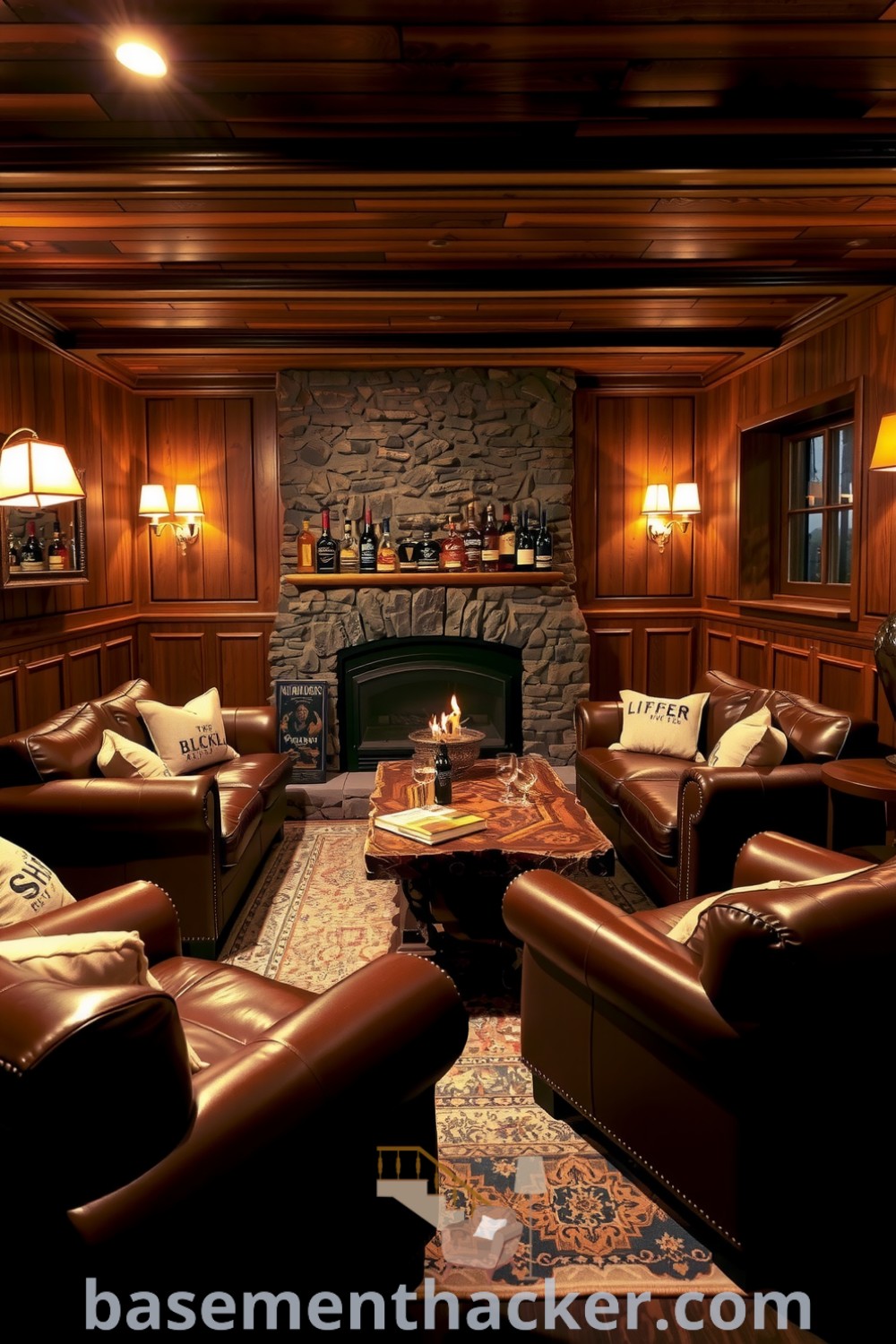 Basement whiskey lounge with rich wooden paneling, plush leather seating around a rustic coffee table, vintage rug, and a flickering fireplace, perfect for ultimate entertaining, showcased on basementhacker.com.