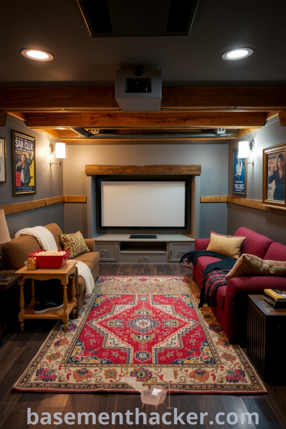Inviting basement movie room featuring a plush oversized couch, vintage rug, and movie posters, designed for ultimate entertaining, showcased on basementhacker.com.