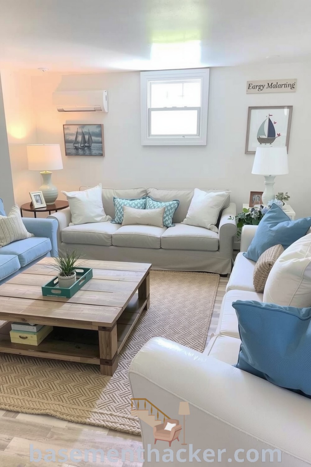 Coastal-inspired basement living room with blue and beige accents, weathered wooden coffee table, and nautical artwork, ideal for a stylish and functional home design, for remodeling ideas, featured on basementhacker.com.