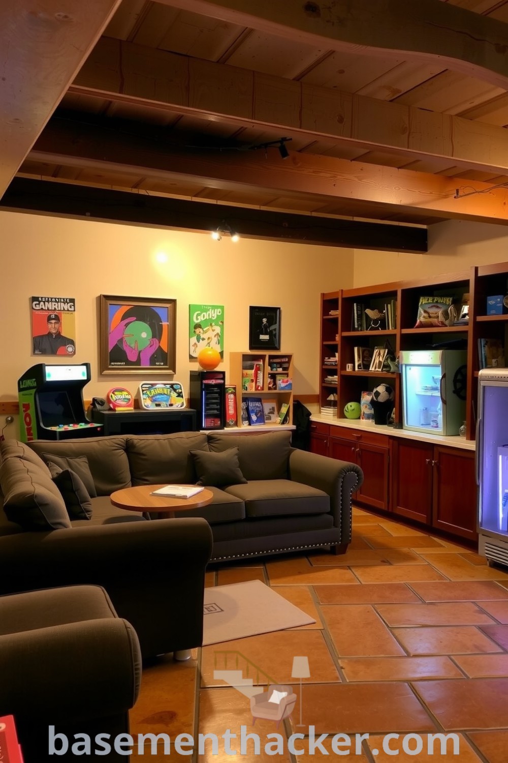 Cozy basement game room with rustic wooden beams, plush couch, vintage arcade machine, board game displays, and a retro fridge, designed for ultimate entertaining, featured on basementhacker.com.