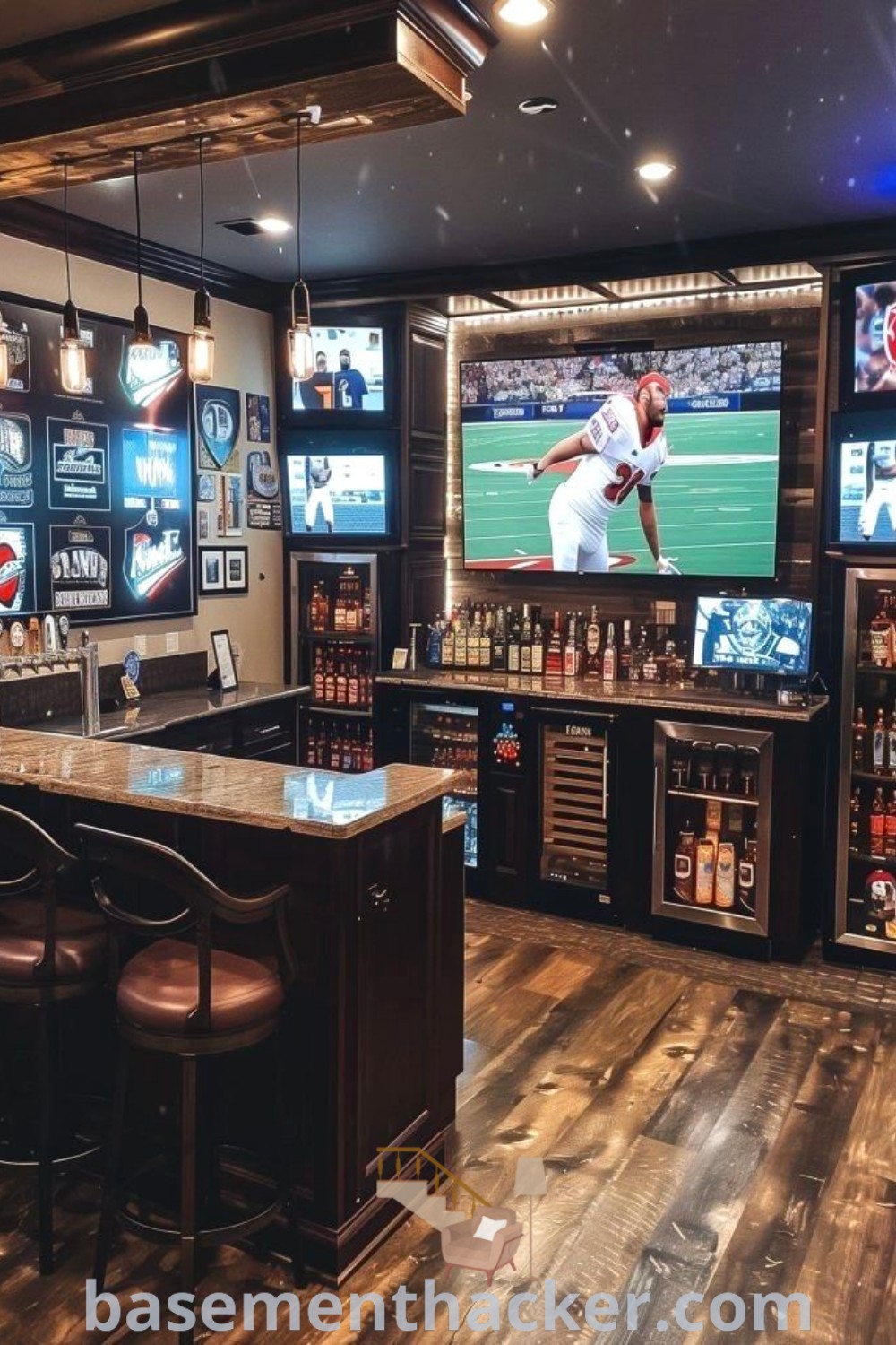 A sports-themed man cave showcasing a welcoming bar area with two televisions on the wall, ideal for game nights and gatherings. This design embodies innovative basement makeover ideas and garage bar inspirations, perfect for anyone looking to create a stylish and functional home entertaining space. Visit basementhacker.com for more creative man cave ideas.