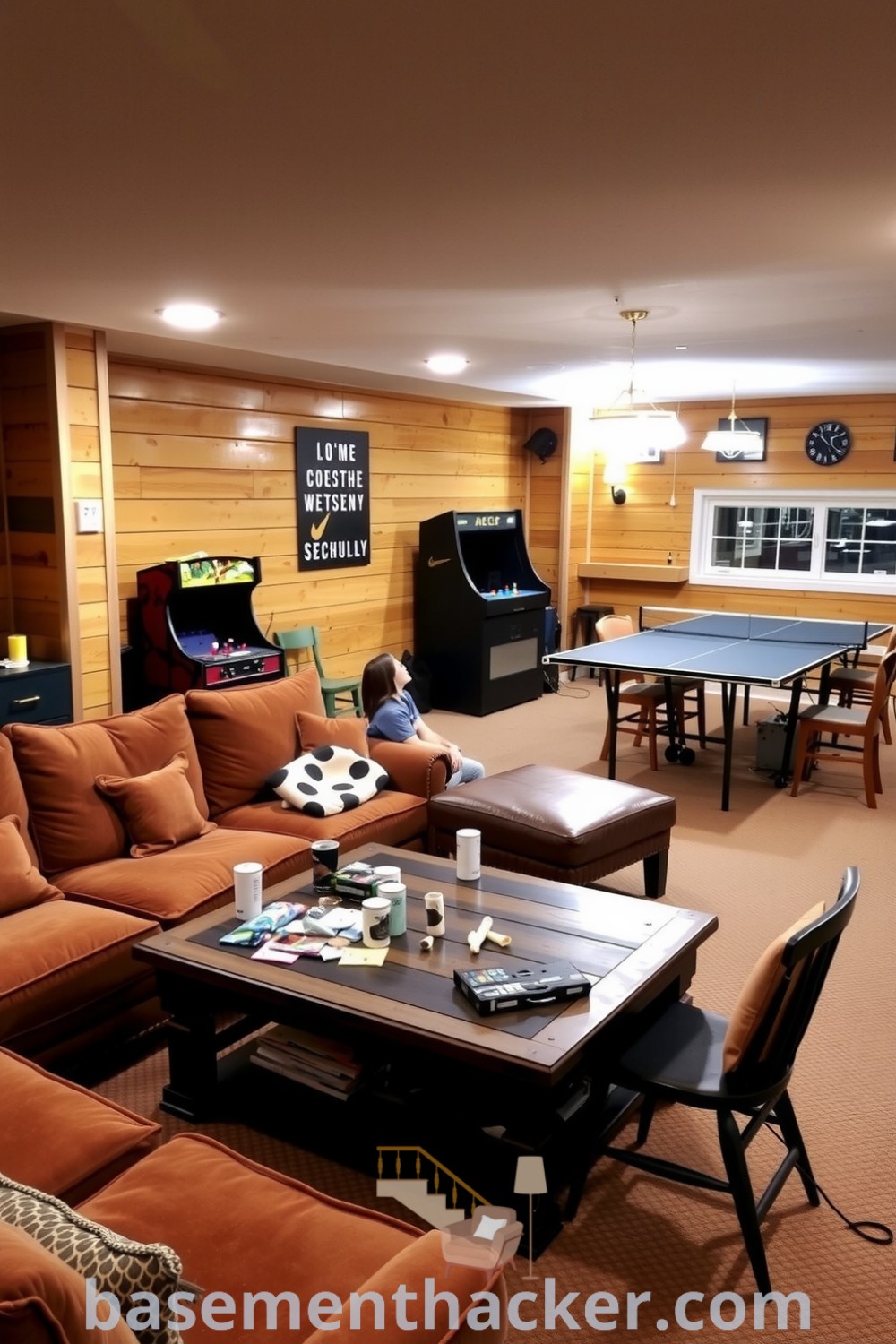 Inviting basement game room with cozy sectional, rustic wooden panels, ambient lighting, vintage arcade machine, and ping-pong table, offering innovative ideas for designing a stylish bonus space, featured on basementhacker.com.