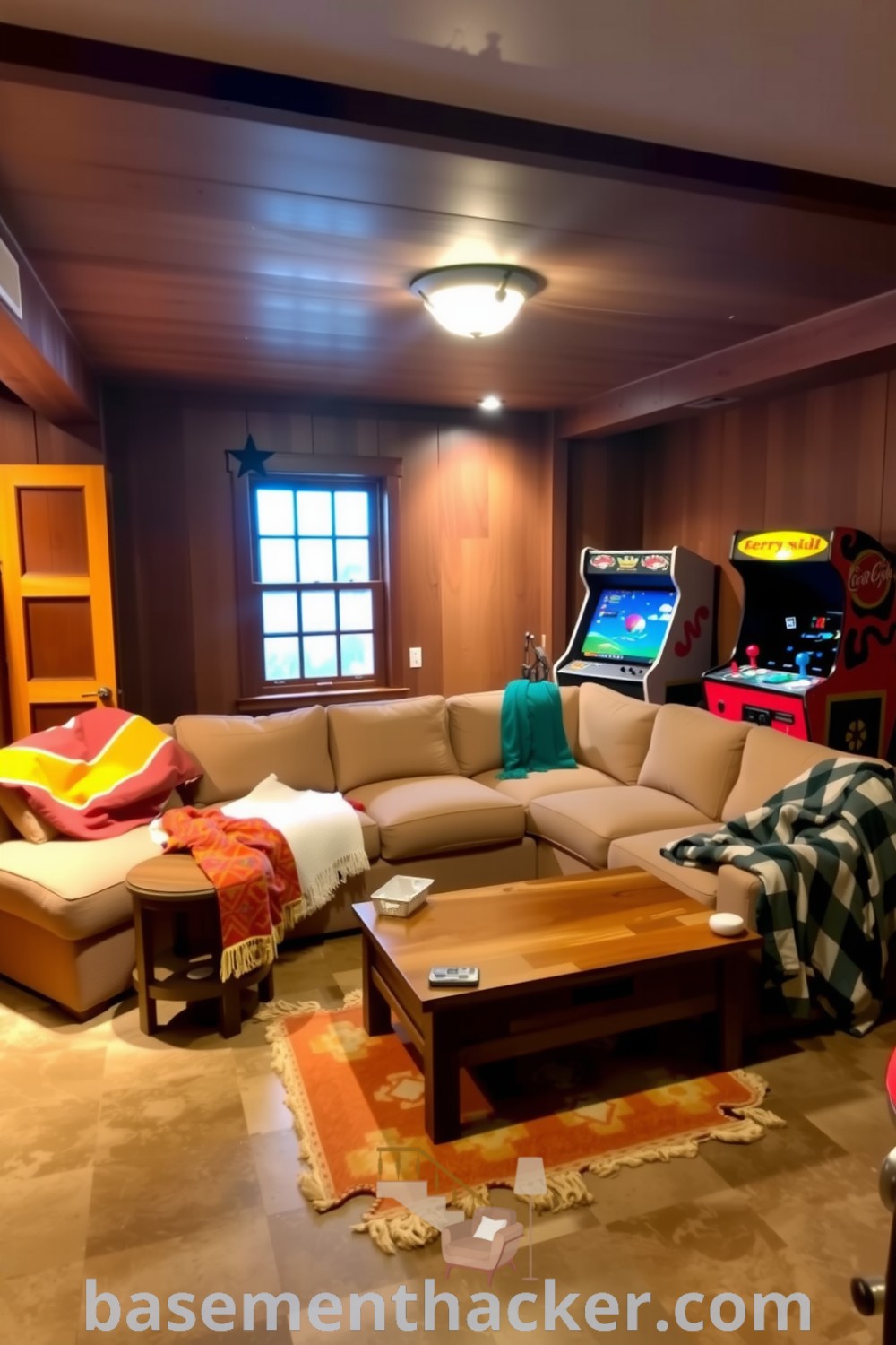 Warm and inviting basement game room featuring a plush L-shaped couch, vintage arcade machine, rustic coffee table, and ambient lighting, ideal for ultimate entertaining and designed with innovative ideas for a stylish and functional home, highlighted on basementhacker.com.
