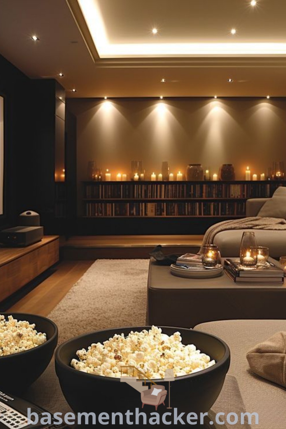 A luxurious private home theater with a plush sofa, candlelit ambiance, and popcorn bowls, perfect for cozy movie nights at home. This cinema room design offers innovative ideas for small theater rooms, enhancing your space for ultimate entertaining. Explore more stylish bonus room design ideas at basementhacker.com.