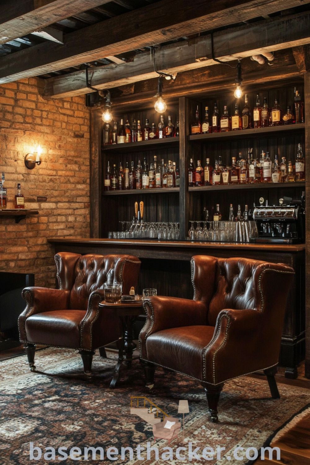 Basement whiskey lounge with leather armchairs, rustic wooden table, exposed brick walls, and shelves of bottles, designed for a stylish bonus room, showcased on basementhacker.com.
