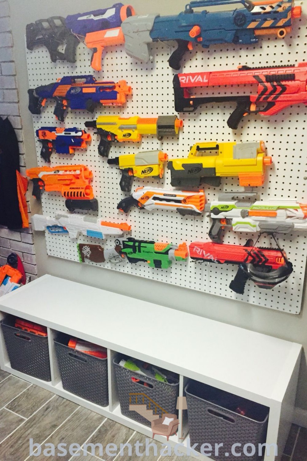 A clever nerf storage solution in a small kids room features organized play equipment, fostering a creative atmosphere for boys. This innovative kids