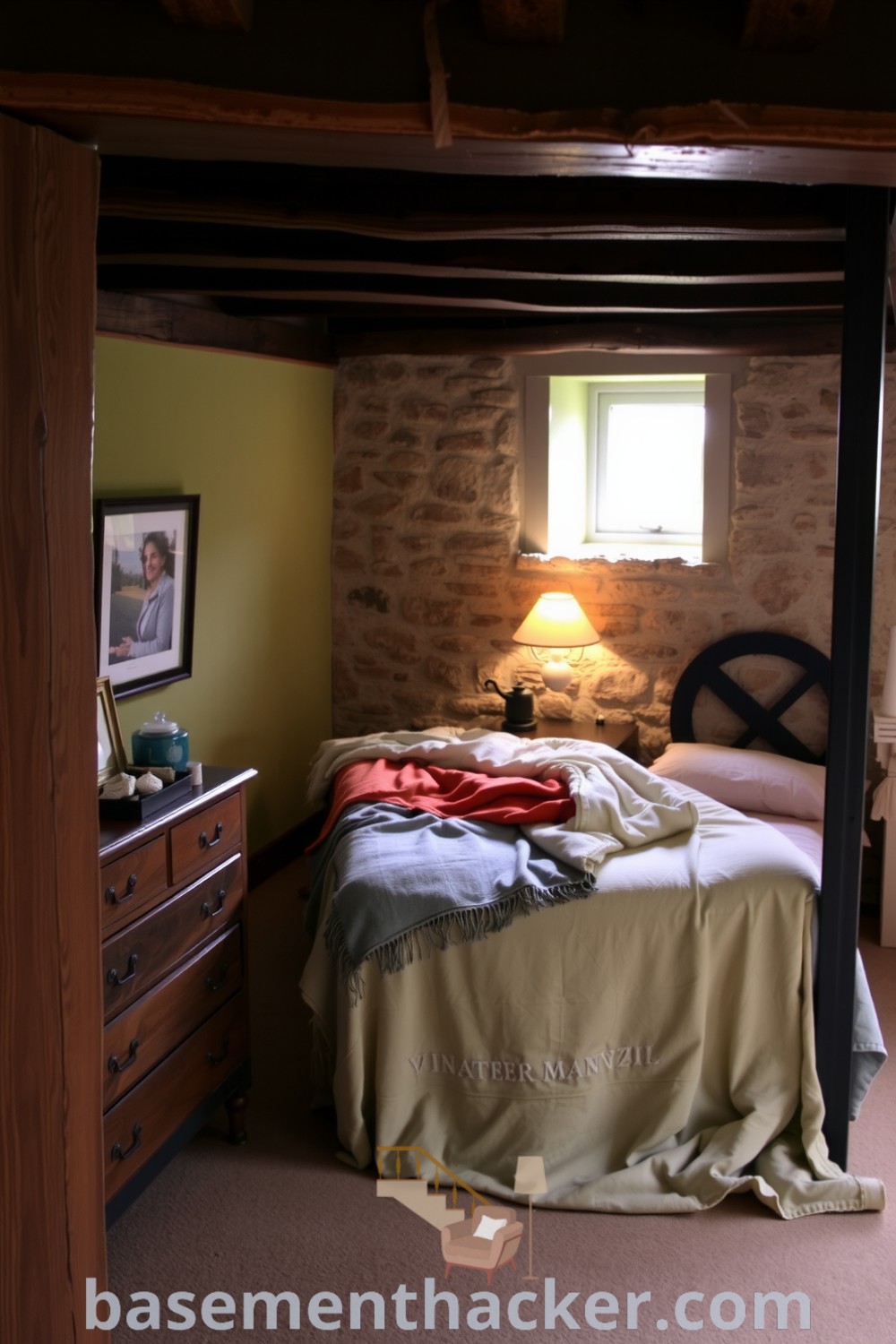 Charming basement bedroom with exposed wooden beams, painted stone walls, and cozy bed adorned with blankets, illuminated by vintage lamps, offering innovative ideas for designing a stylish and functional home space showcased on basementhacker.com.