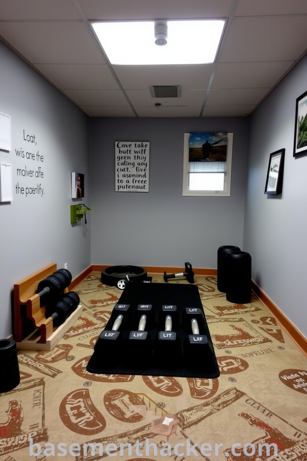 Basement fitness corner with a well-used set of dumbbells on a wooden rack, adorned with motivational quotes and framed photos, featuring natural light through a window, showcasing innovative ideas for designing a stylish and functional home, on basementhacker.com.