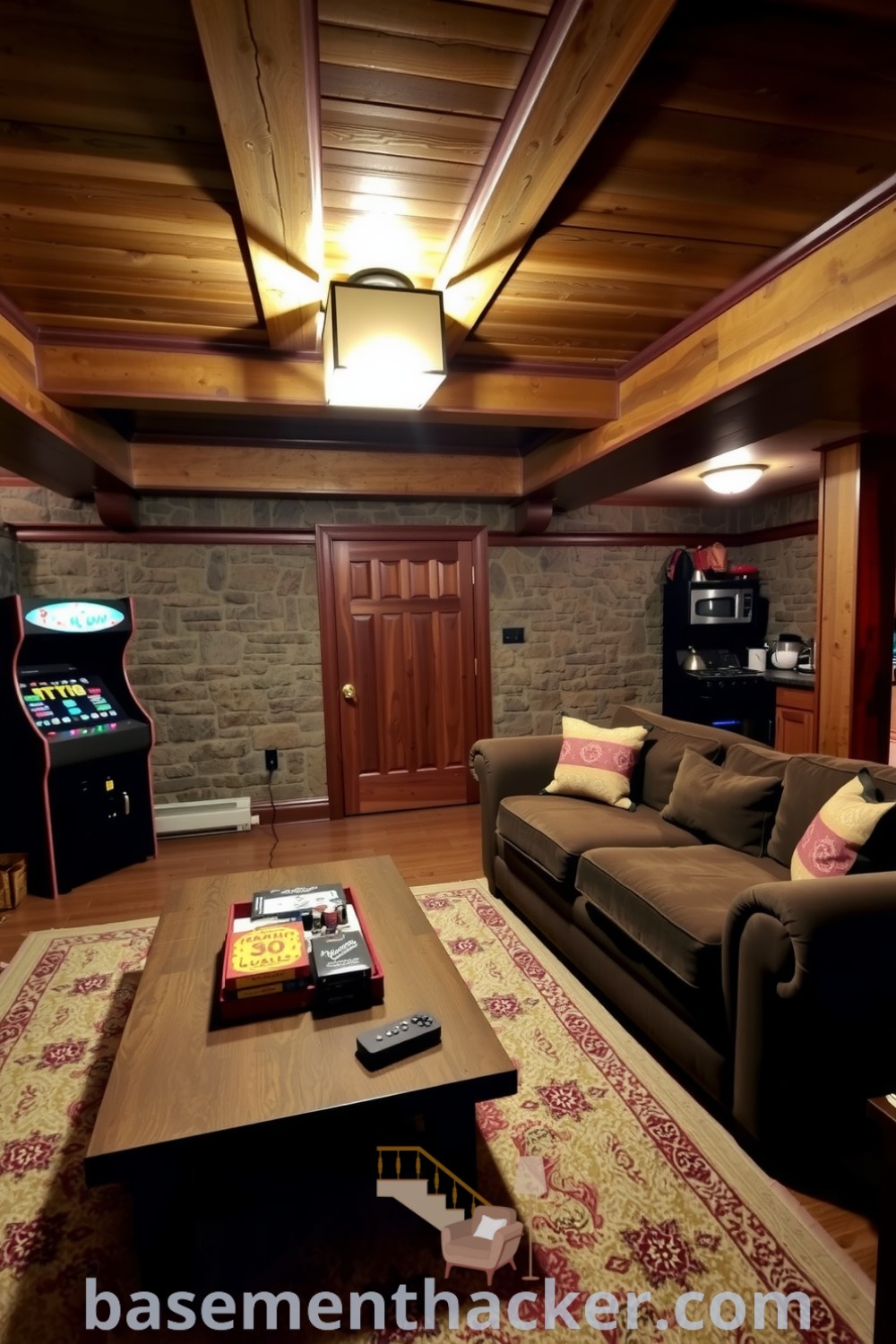 Inviting basement game room featuring exposed wooden beams, a rustic stone wall, oversized couch, vintage arcade machine, and a well-stocked kitchenette, perfect for ultimate entertaining, showcased on basementhacker.com.