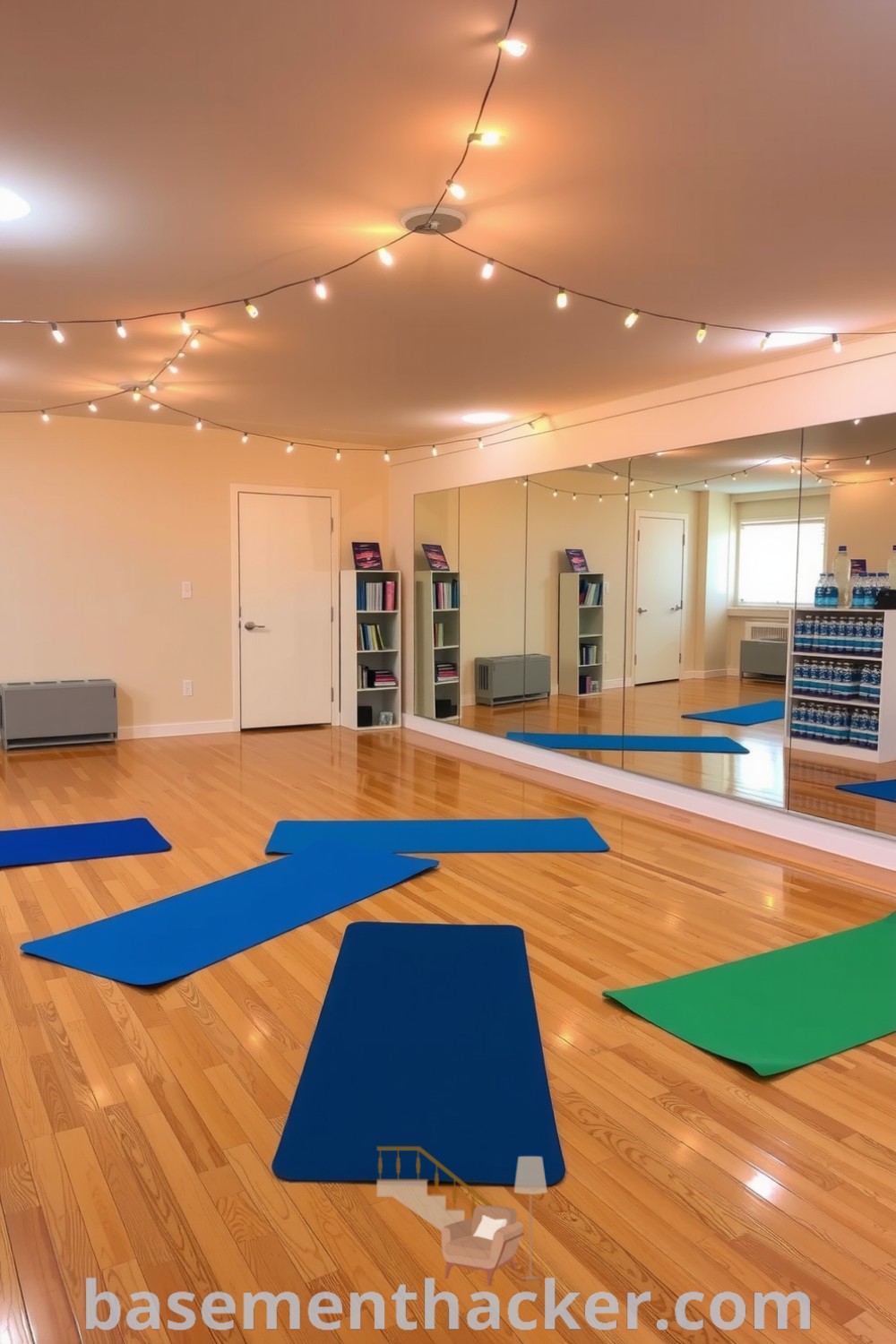 Dance fitness basement with soft wooden flooring, string lights, mirrors, exercise mats, and a bookshelf for fitness guides and water bottles, showcasing innovative ideas for designing and remodeling the space for a stylish and functional home on basementhacker.com.