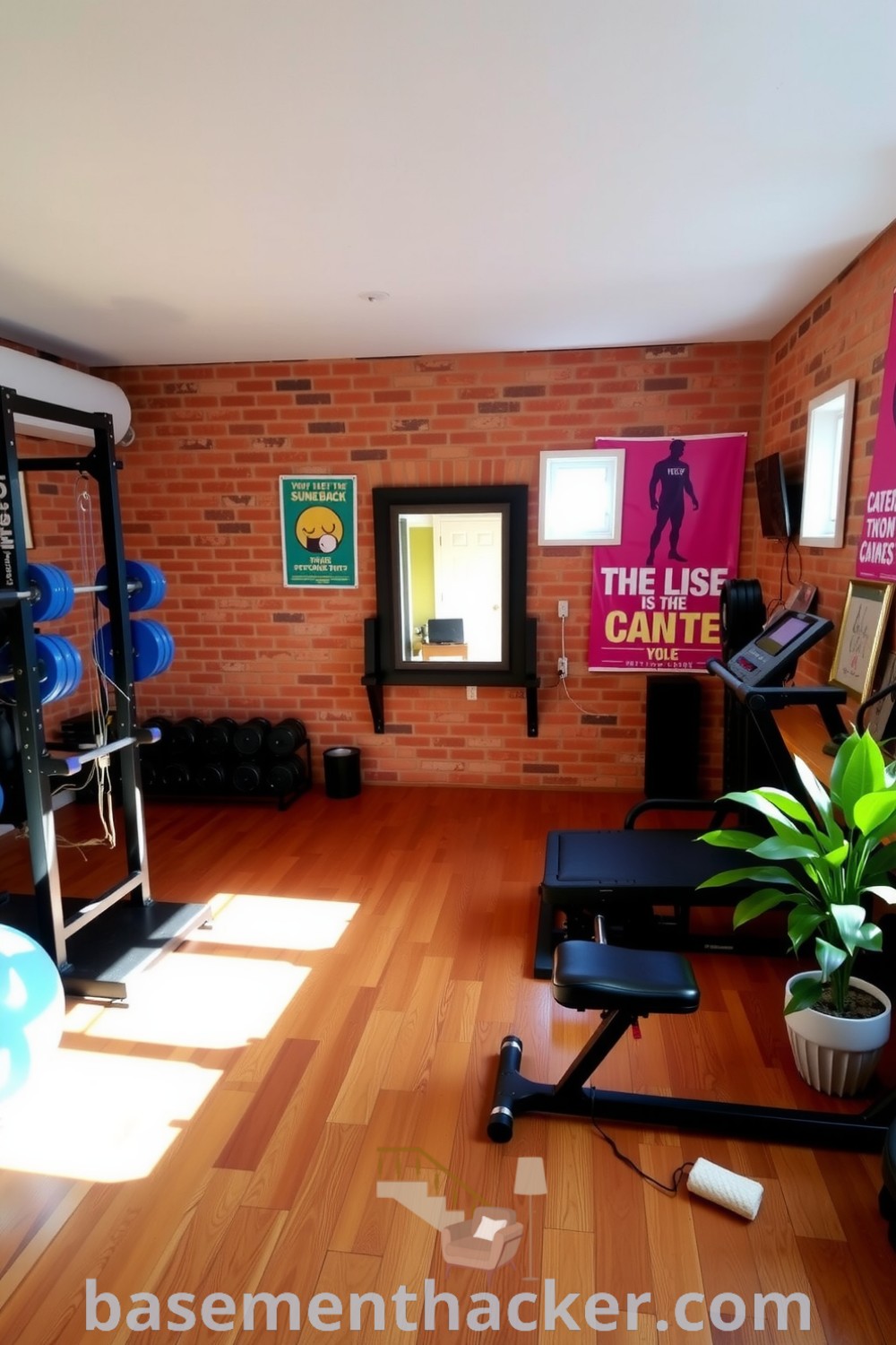 Stylish basement gym featuring a wooden floor, exposed brick walls, workout equipment, motivational posters, and potted plants for a cozy and functional home design, presented on basementhacker.com.