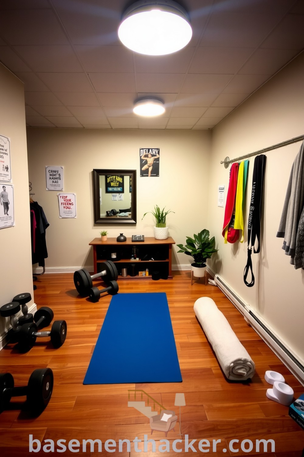 Cozy basement fitness room with a wooden floor, free weights, yoga mat, ambient lighting, and motivational posters, perfect for entertaining and exercising, featured on basementhacker.com.