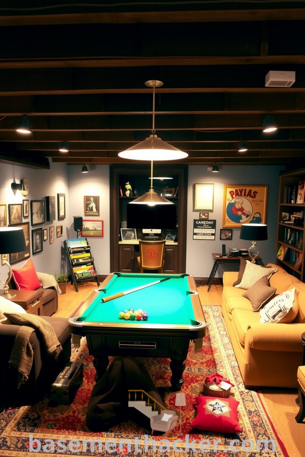 Inviting basement game room featuring a plush sofa, pool table, and dim lighting, with warm wooden beams and memorabilia, perfect for family fun and stylish gatherings, featured on basementhacker.com.