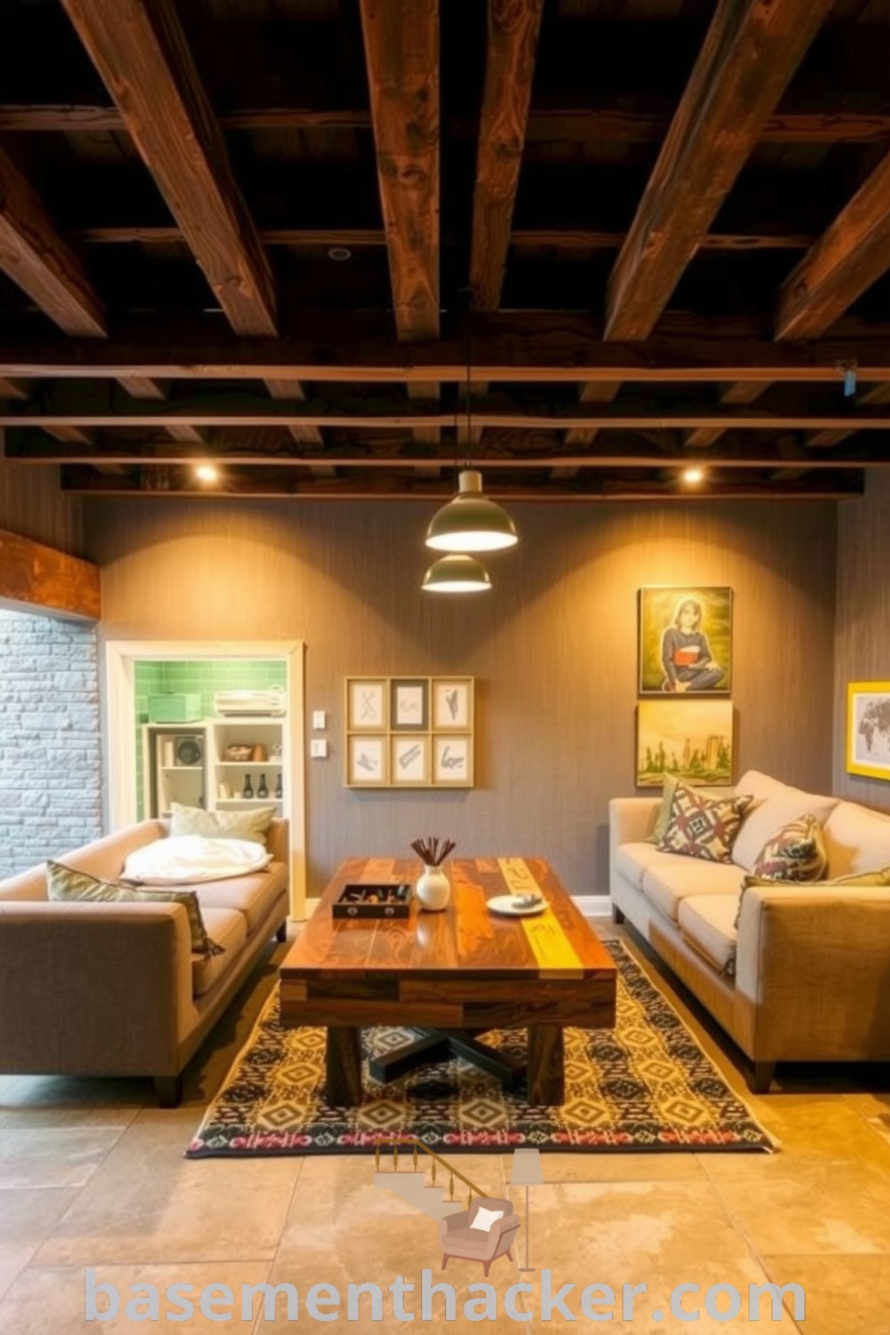 Stylish basement game room featuring a plush oversized couch, a handcrafted reclaimed wood coffee table, and eclectic decor, illuminated by soft pendant lights, ideal for ultimate entertaining, featured on basementhacker.com.