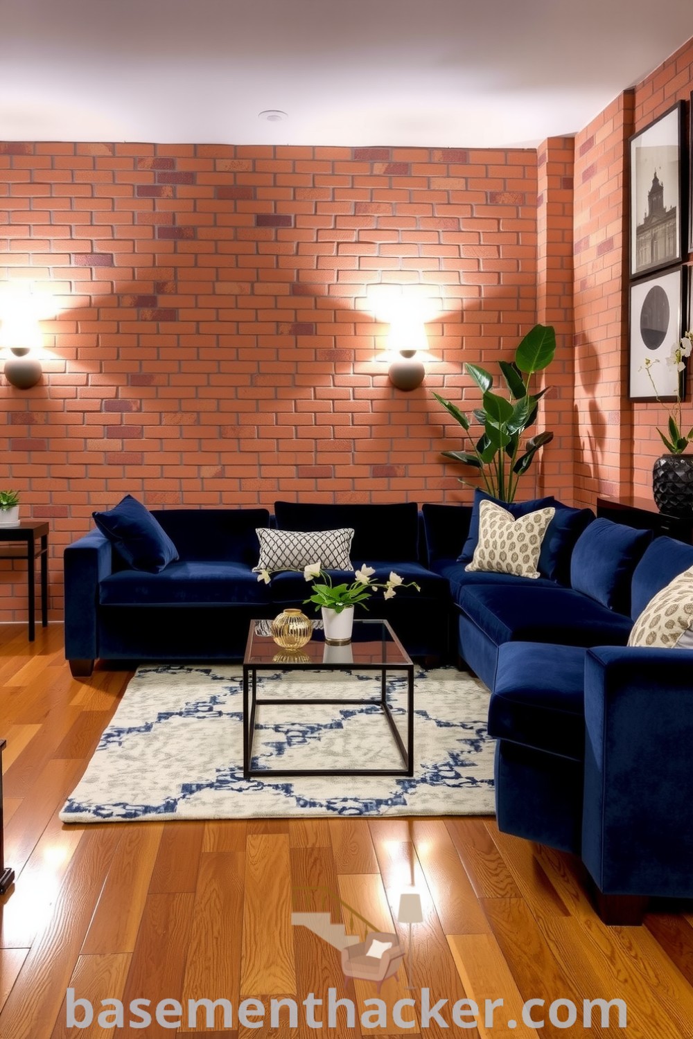 Stylish luxury basement living room with a plush velvet sofa, exposed brick walls, glass coffee table, and elegant decor, perfect for innovative basement makeover ideas and ultimate entertaining, featured on basementhacker.com.