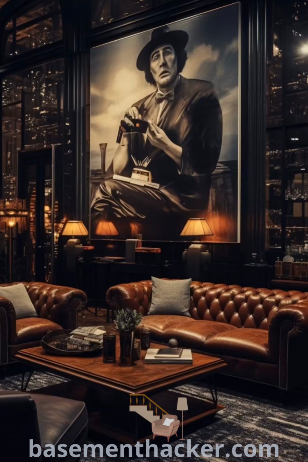 A stylish Peaky Blinders living room filled with elegant furniture, a large wall painting, and accents reminiscent of a bourbon library, showcasing innovative ideas for designing a cozy and functional space, perfect for creating stylish bonus room design ideas for families. Find more inspiration at basementhacker.com.