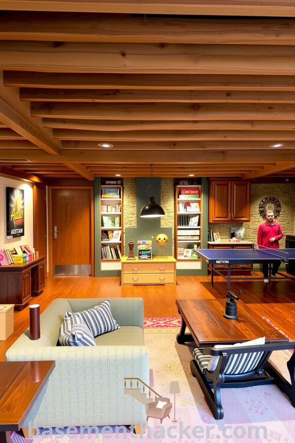 Rustic basement game room featuring exposed wooden beams, a stone wall, a plush sofa, a ping-pong table, and shelves of board games, designed for ultimate entertaining, showcased on basementhacker.com.
