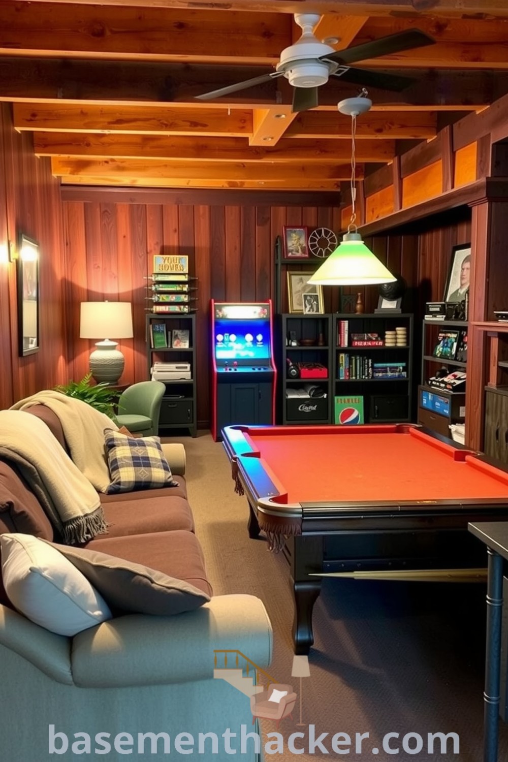 Inviting basement game room featuring a plush couch, vintage arcade machine, and pool table, designed for ultimate entertaining, with innovative basement makeover ideas, showcased on basementhacker.com.