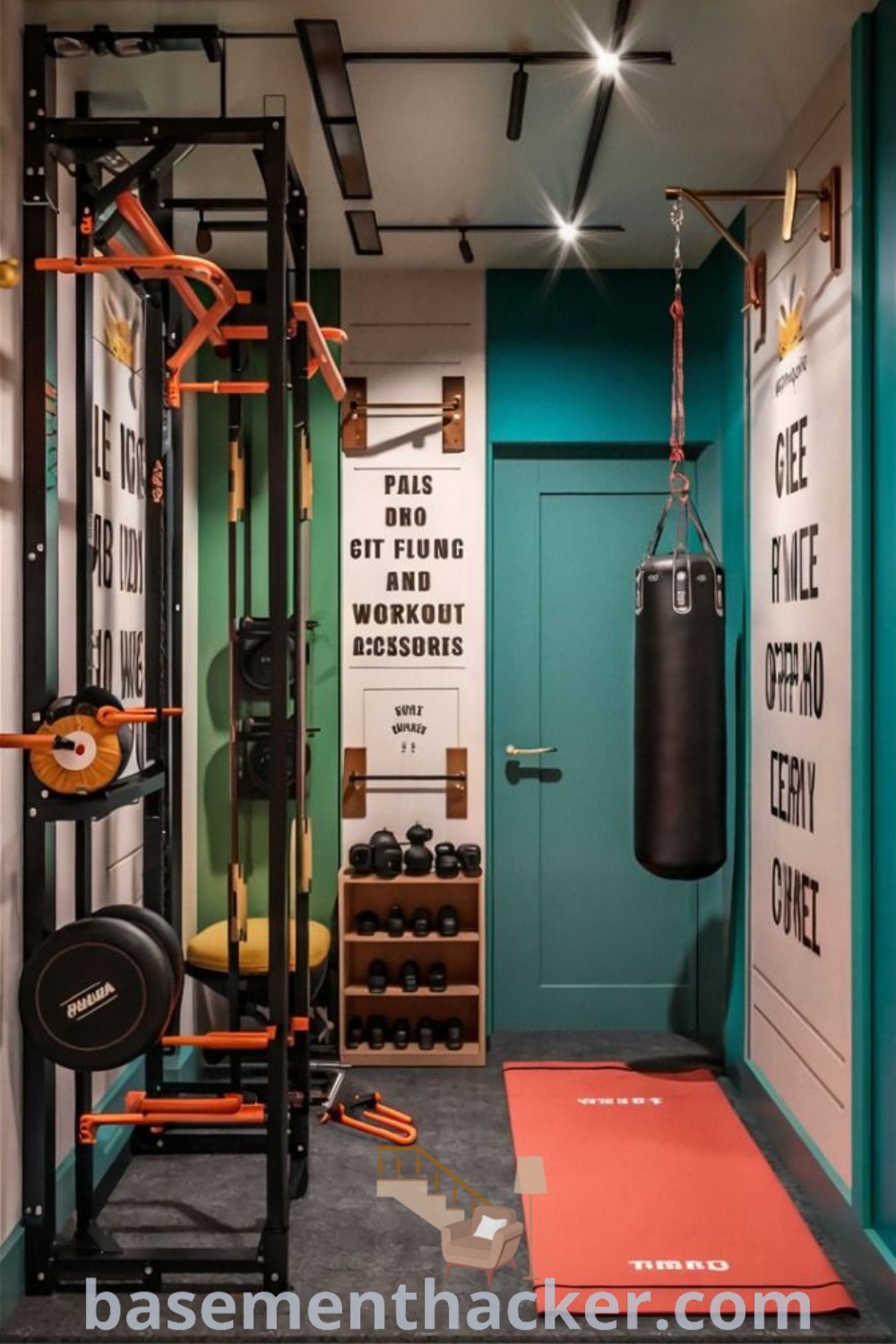 A vibrant home gym setup featuring an exercise mat and a punching bag on the wall, showcasing innovative ideas for designing small spaces. This one wall home gym exemplifies a bright gym aesthetic and offers functional tips for creating a stylish workout area, perfect for small house gym designs. Visit basementhacker.com for more home gym inspirations.